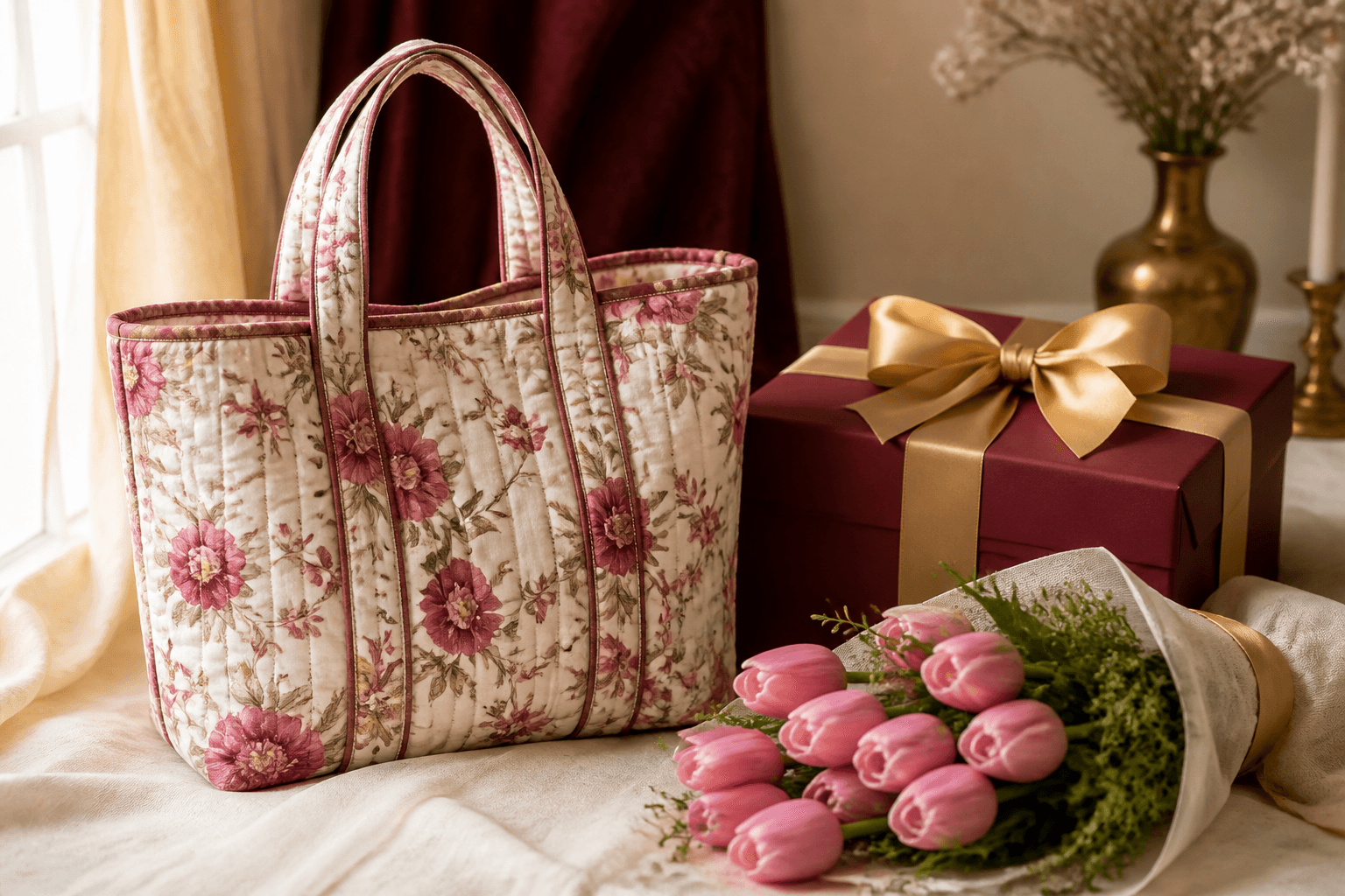 A quilted floral tote bag beside a wrapped gift box and fresh tulips