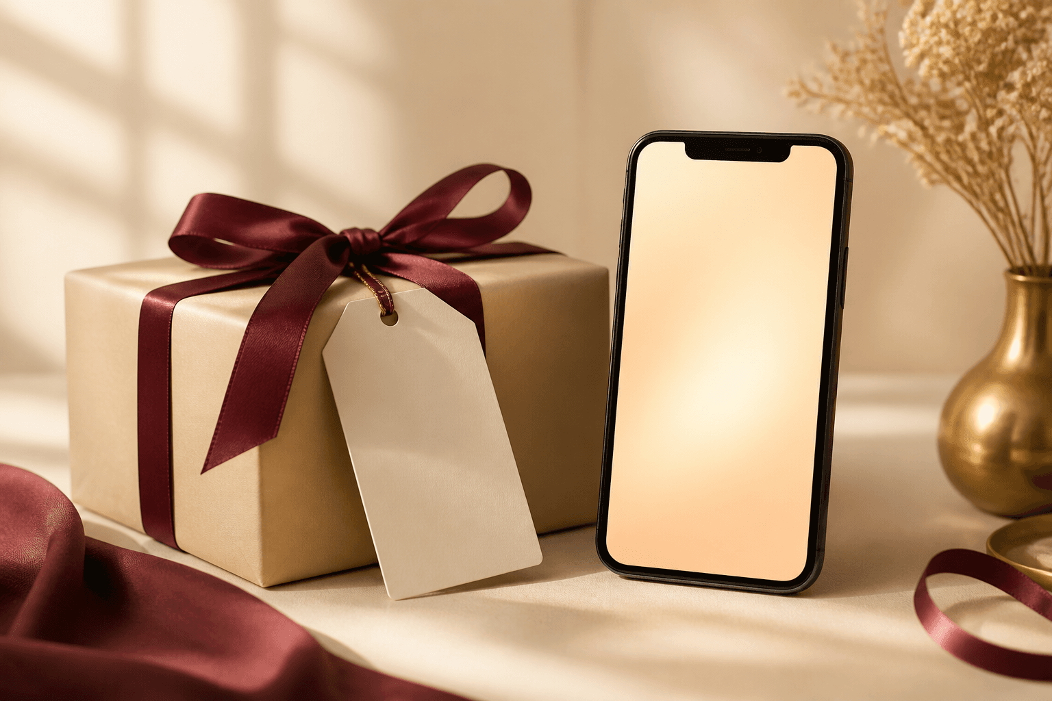 A wrapped gift with a QR code tag beside a phone showing a personalized surprise