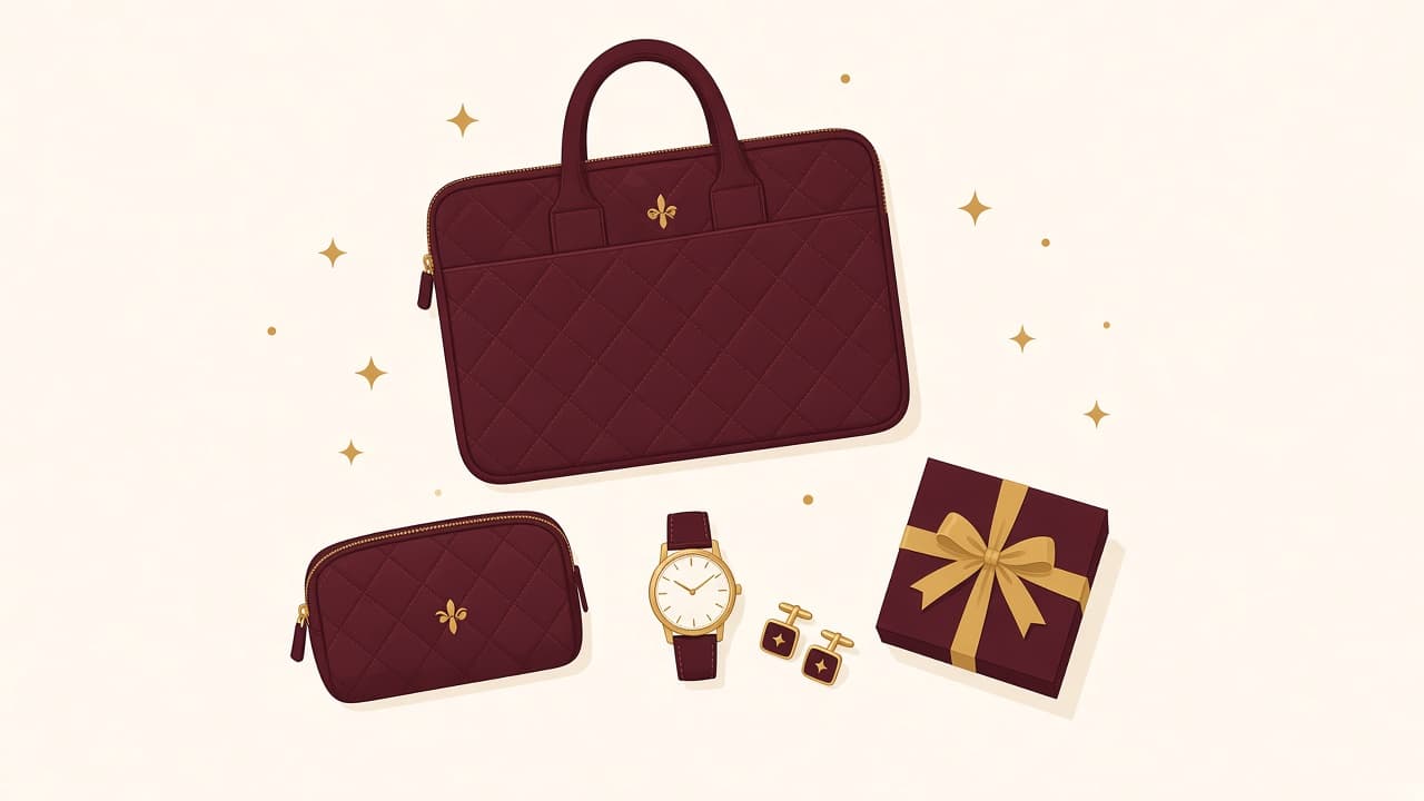A quilted laptop sleeve, a pouch, a watch, cufflinks and a gift box laid out