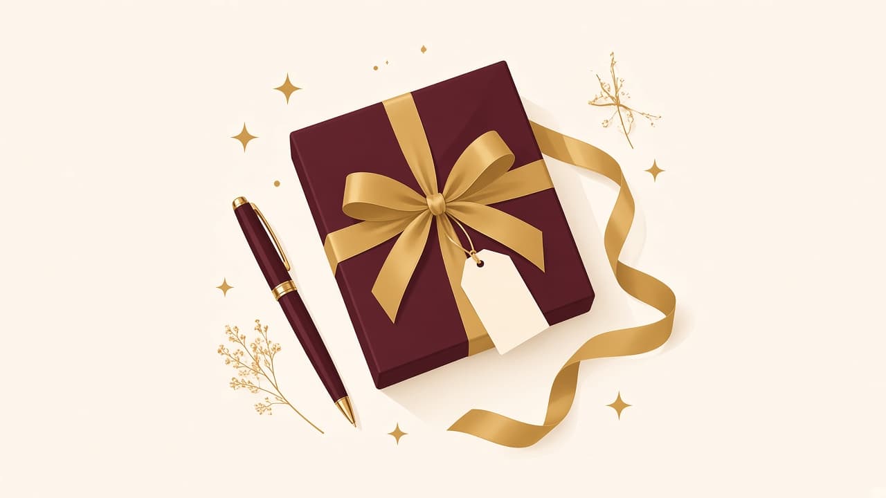 A wrapped gift with a blank tag, a fountain pen and a coil of gold ribbon