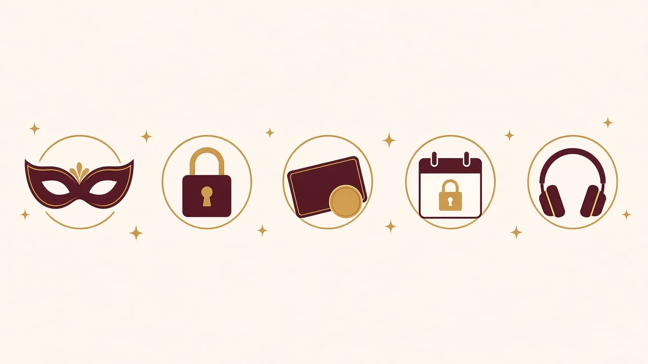 Five Twist icons in a row: a mask, a padlock, a scratch card, a locked calendar, headphones